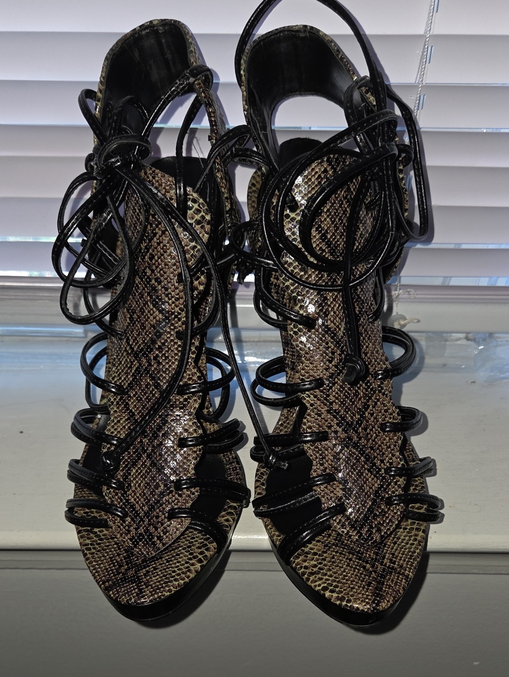 Nadara Snake-Print Lace-Up Women's Heels in Brown and Black
